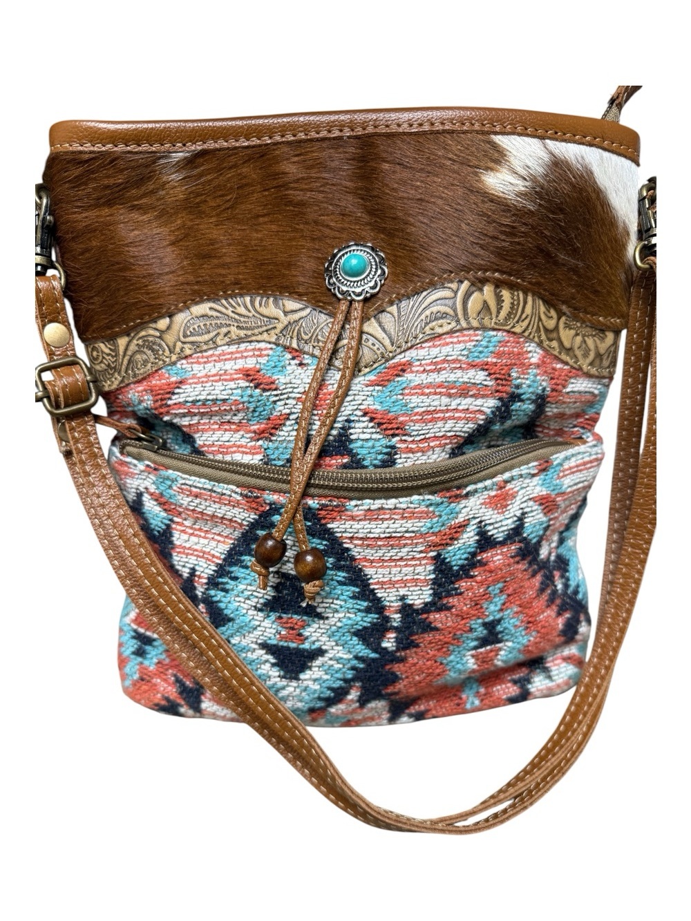 Myra Women’s Western Turquoise Cowhide Concho Aztec-Pattern Crossbody Bag